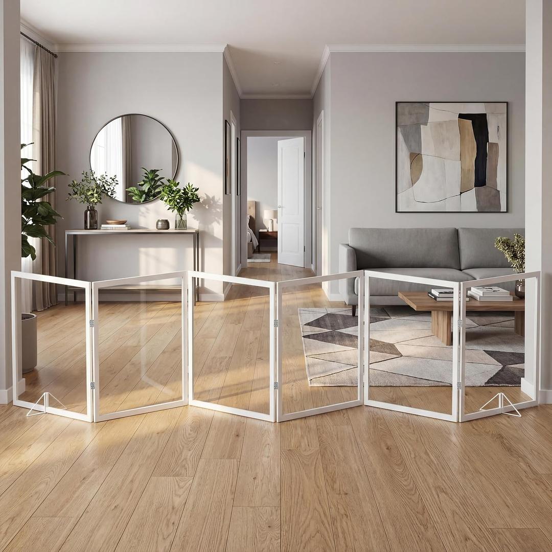 Extra Wide Clear Dog Gate6 Panel (107.957" W*24.61" Tall) Wooden Dog Gate, Clear Acrylic Pet GateTransparent Freestanding Pet Gate for Doorways Stairs,108" W*24.61" Tall (6 Panel)