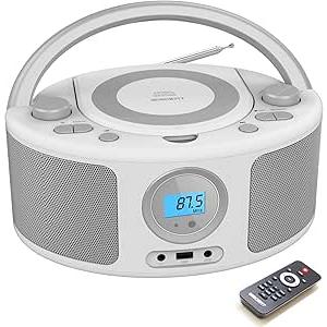 WISCENT Portable CD Player with Bluetooth Boombox, FM Radio Stereo Sound, USB, 3.5mm AUX Port & Headphone Jack, Mains or Battery 