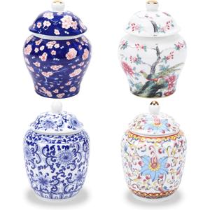 Set of 4 Small Blue and White Chinoiserie Porcelain Vases - Ginger Jars for Home Decor, Bedroom, Living Room, Console Table Top Decor - Table Accent Shelf (Vibrant)