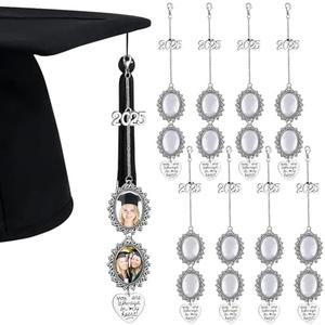 Sureio 8 Pcs Graduation Cap Memorial Photo Charm Tassel Charms for 2025 Tassel Charm Memorial Photo Class Decorations Graduation Gifts to the Cap Topper(Silver)