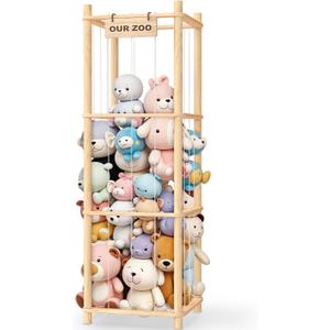 Woodure Stuffed Animal Storage & Organizer, Wooden Cute Zoo Toy Holder for Toddler Rooms, Playrooms & Bedrooms (Natural)