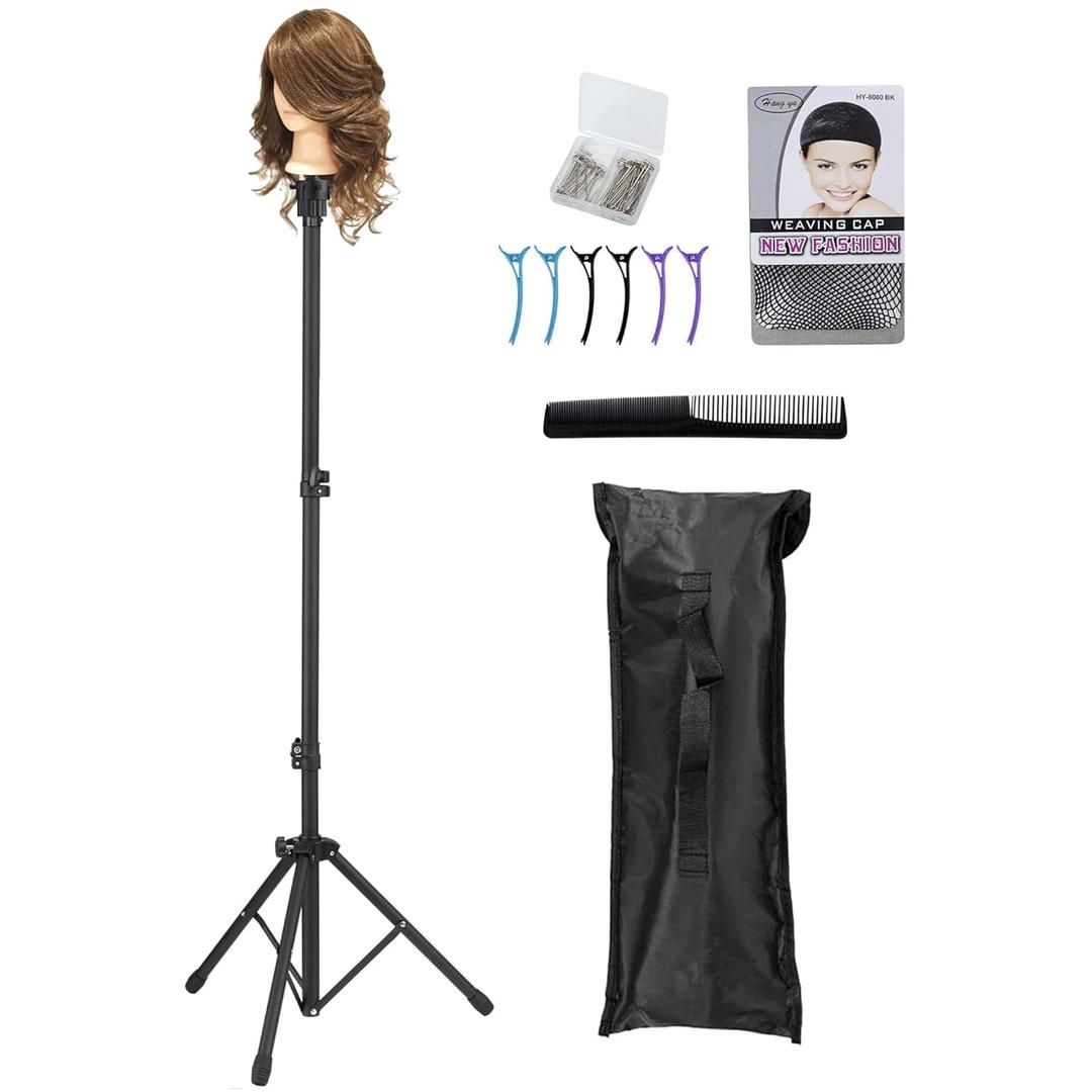Auroras Mannequin Head Stand, Wig Stand Tripod, Adjustable Wig Head Stand with Carrying Bag, Wig Tripod for Cosmetology Hairdressing Training (Mannequin Head Not Included) (Black)