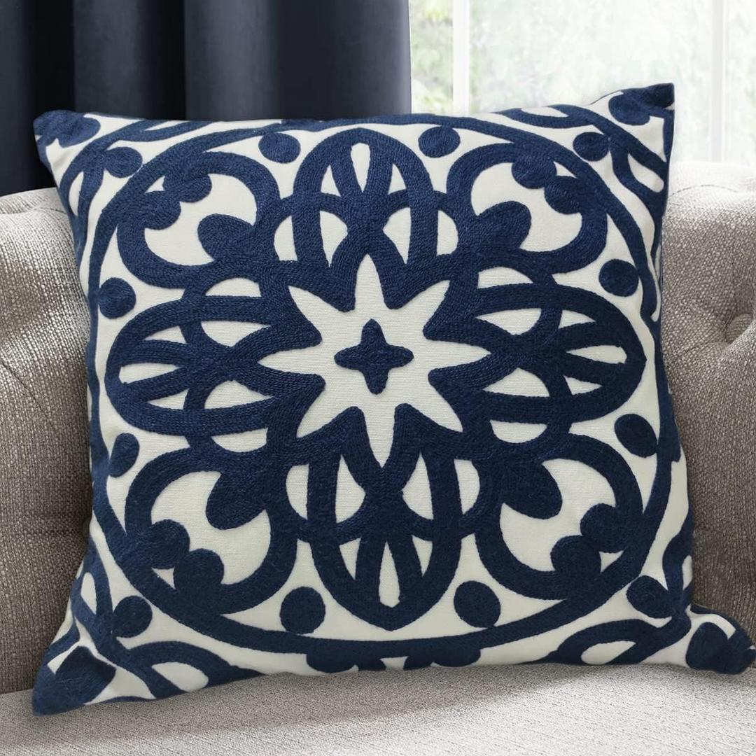 Alysheer Embroidered Decorative Throw Pillow Cover 18x18 inch, Cozy Warm Boho Mandala Chic Knit Pattern Durable 100% Cotton Canvas Cushion Case for Sofa Couch Living Room Bedroom Gifts (Navy Blue)