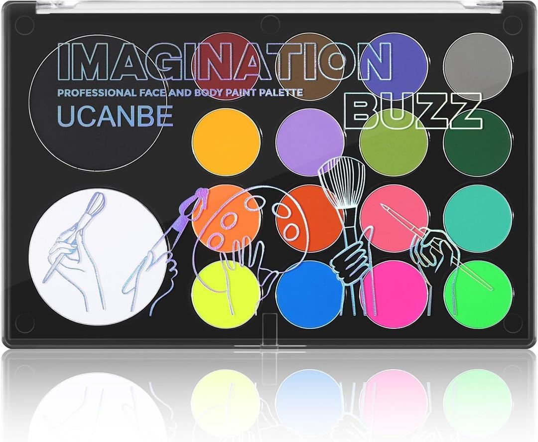 UCANBE Face Body Paint 18 Colors, Water Based Face Painting Kit with Large White Black & Neon Glow UV Facepaint SFX Makeup Palette for Halloween Party Costume Cosplay & Stage Art Make Up (Imagination Buzz Palette)