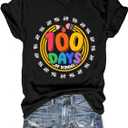 100 Days of School Shirt Teacher Happy 100th Day of School Graphic T-Shirt Casual V Neck Short Sleeve Tee Tops (Black, XL)