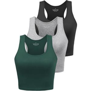Porvike Sports Crop Tank Tops for Women Cropped Workout Tops Racerback Running Yoga Tanks Cotton Sleeveless Gym Shirts 3 Pack (Medium, Black/Grey/Emerald Green)