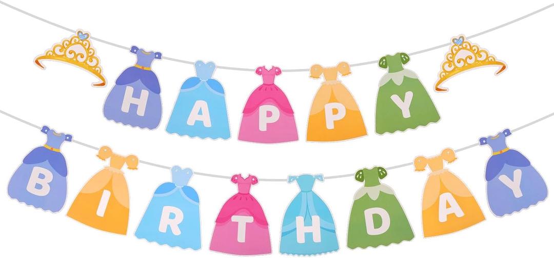 Princess Dress Happy Birthday Banner, Pre-Strung Princess Theme Birthday Party Decorations Colorful Hanging Bunting for Girl's 1st Party Supplies Photo Props Backdrop