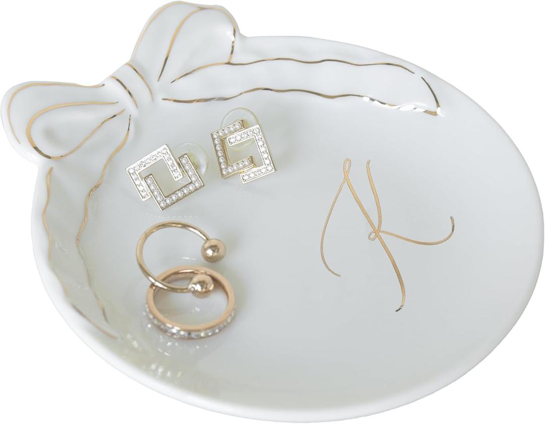 COLLECTIVE HOME Custom Initial Ceramic Jewelry Tray with Bow - Ring Holder & Earring Dish | Christmas Gift Idea for Women, Unique Birthday Present for Her (K)