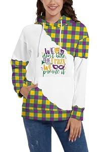 TMSD Women's Mardi Gras Long Sleeve Hoodie with Kangaroo Pocket Mask & Plaid  (X-Large)