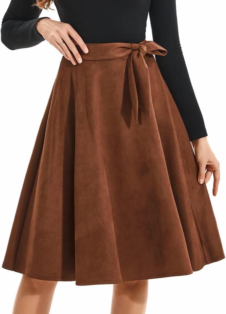 DIASHINY Faux Suede Knee Length Skirt for Women High Waist Flared Stretch A Line Midi Skater Skirts (Brown, XL)