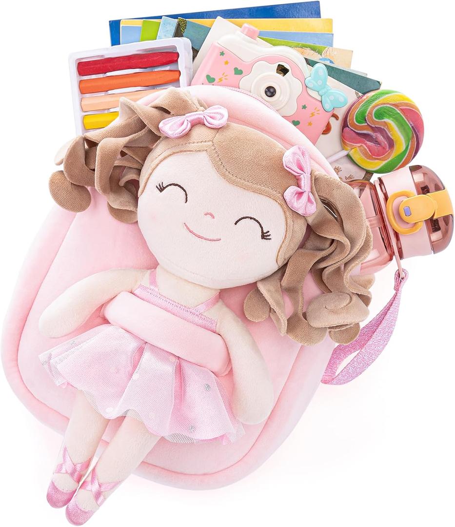 Gloveleya Toddler Girls Backpack for Kids with Soft Toys Plush Curly Ballerina Doll Pink 9 Inches