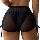 Falainetee Women's Drawstring Side Mesh Sheer Beach Summer Cover Up Shorts Bikini Bottoms L