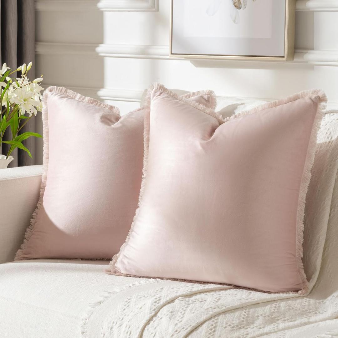 FUTEI Pink Velvet Decorative Throw Pillow Covers 24x24 Set of 2,Soft Cozy Edge with Tassels European Cushion Case,Boho Modern Home Decor for Couch Bed Living Room