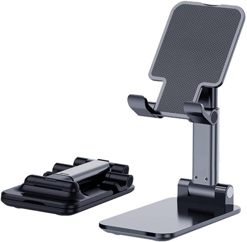 Phone Holder for Desk, MT-6 Cell Phone Stand for Desk Universal Cellphone Stand Holder Foldable & Height Adjustable Compatible Under 8 Device, with Silicone Mat, Black