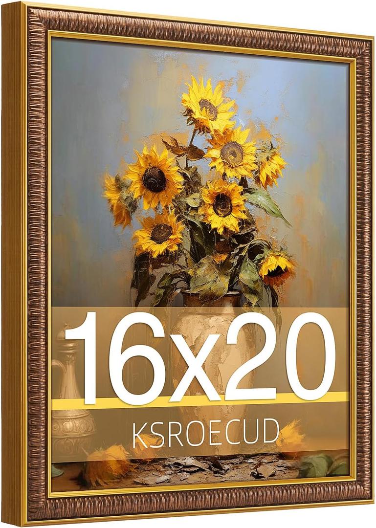 16x20 Picture Frame, HD Real Glass 16x20 Vintage Photo Frame, 16 by 20 Poster Frame with Vintage Gold Border Horizontal & Vertical Display for Tabletop or Wall Decor (1 Pack)