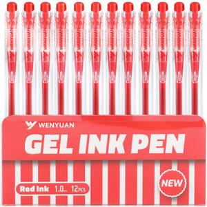 2 x WY WENYUAN 12 Pcs Red Gel Pens, 1.0mm Bold Point Quick Drying Gel Ink Pens, Retractable Ballpoint Pens for Smooth Writing, Ideal for School, Office, Journaling, Note Taking and Correction