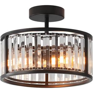 Black Flush Mount Ceiling Light, 2- Light Caged Crystal Chandelier, Small Drum Hallway Light fixtures Ceiling Mount (Black)