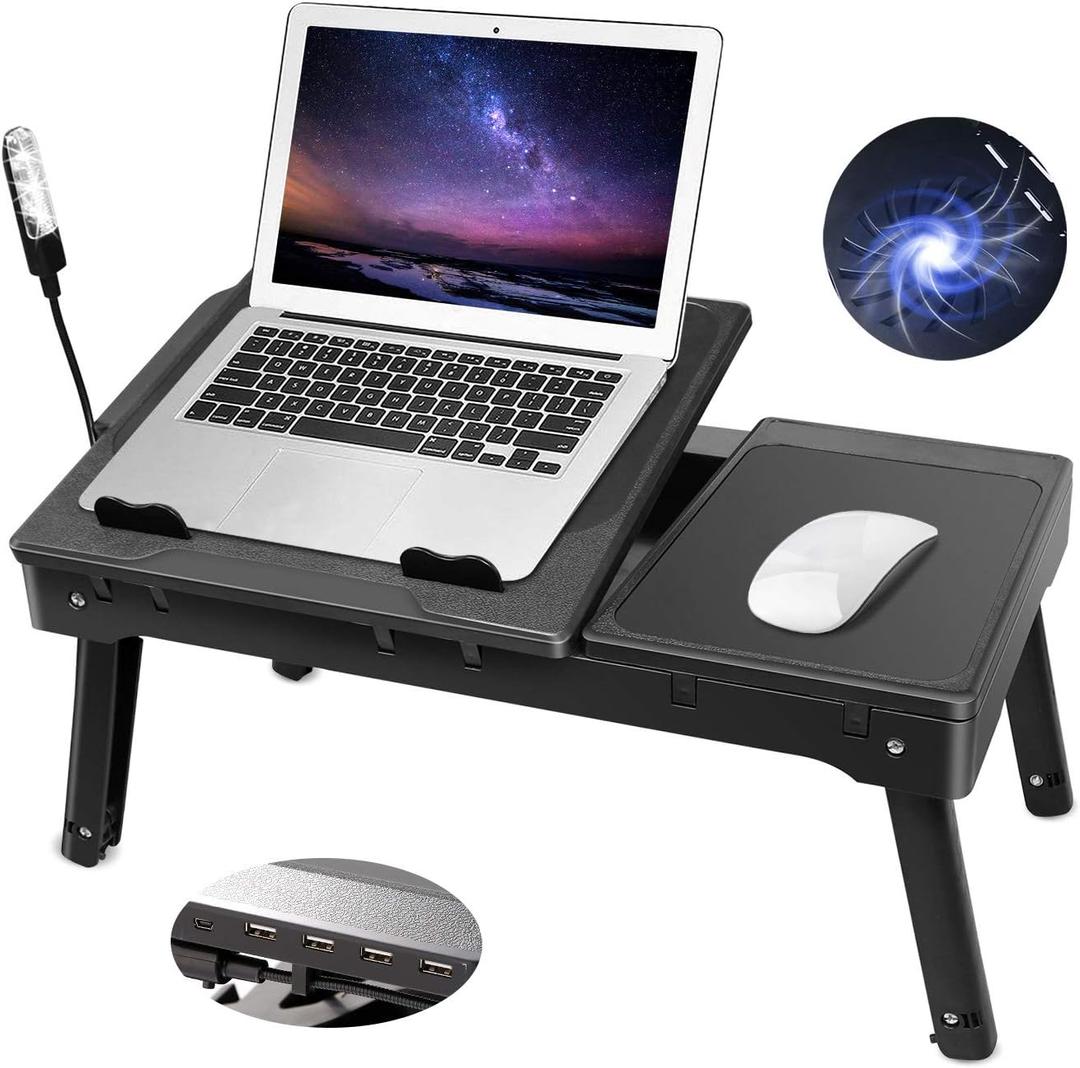 Moclever Laptop Bed Stand – Adjustable Laptop Table with Cooling Fan, Foldable Laptop Desk with USB Hub, LED Light & Storage – Multi-Functional Computer Tray for Bed, Sofa, Home, and Office