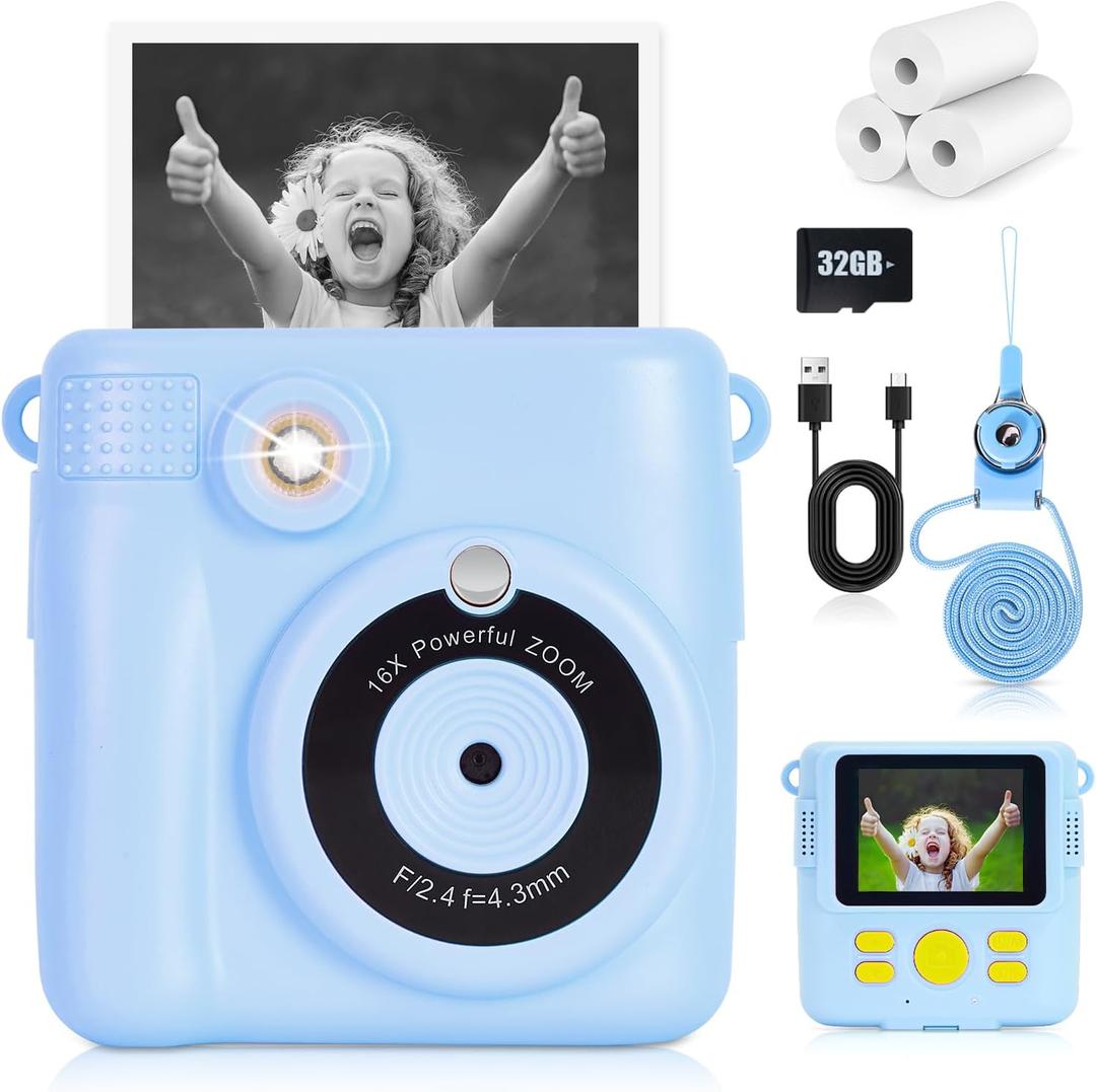 Hikkon Instant Print Camera for Kids - 2.4 Inch Kids Camera Instant Print with Paper & 32G Card- Digital Children Toys as Christams Birthday Gifts for Girls Boys Age 3-12 - Blue