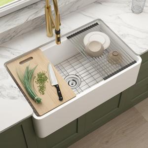 White Farmhouse Sink Workstation 33 Inch, Farm Sink Fireclay Apron Front Single Bowl Basin, Farmers Sink for Kitchen, Drop-in Undermount Kitchen Sink