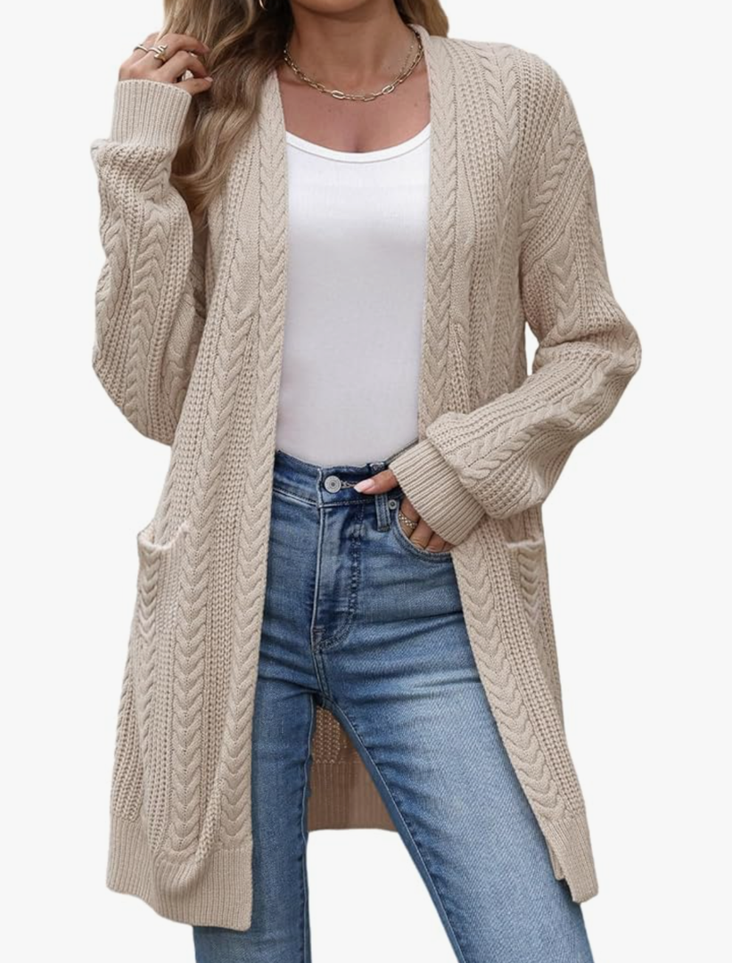 VIMPUNEC Womens Fall Long Cardigan Sweaters Cable Knit Jackets Open Front Outwear Coats with Pockets XL