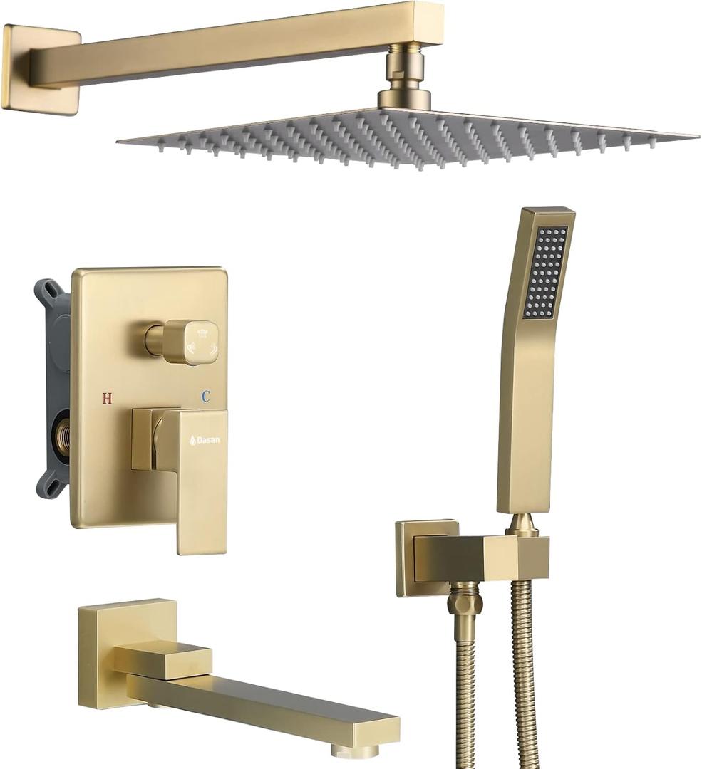 DASAN Tub Shower Faucets Sets Complete Brushed Gold Bathtub Shower System with Tub Spout, Bathtub Faucet Set Tub and Shower Faucet Combo Trim Kit with Rough-in Valve, DA-SS03BG-S10W