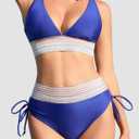 High Waisted Tummy Control Color Block Bikini (XL, Blue)