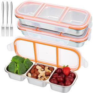 3 Pack Stainless Steel Snack Containers 3 Compartment Metal Lunch Box with Lids and 3 Forks Reusable Stainless Bento Snackle Box for Home Travel