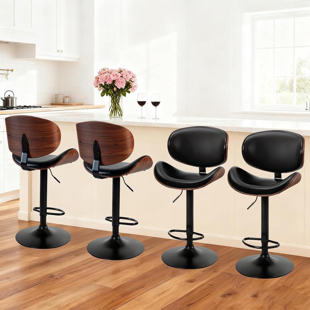 DUMOS Swivel Bar Stools Set of 4, Adjustable Counter Height Bentwood BarStools, PU Leather Upholstery Bar Chair with Ergonomic Back and Footrest, Counter Stools for Bar, Home Kitchen Island, Black, 4 Pack