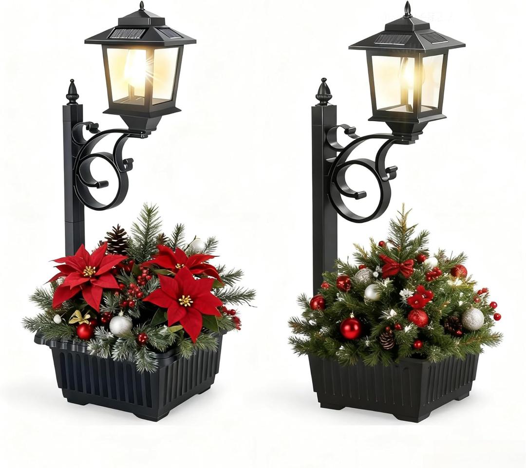 2 Pack Solar Lamp Post Light with Planter, 2 in 1 Outdoor Flower Pots, 3000K Solar Lamps Outdoor Waterproof, Wall Mount or Freestanding for Garden, Patio, Yard, Front Porch(Flowers not Included)