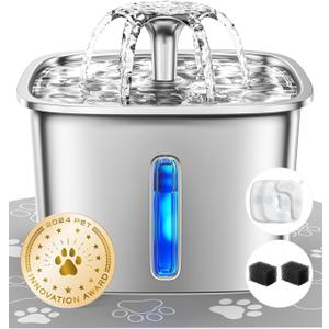 Veken Innovation Award Winner Stainless Steel Cat Water Fountain, 95oz/2.8L Automatic Pet Fountain Dog Water Dispenser with Replacement Filters & Silicone Mat, Gifts for Cats, Dogs (Silver)