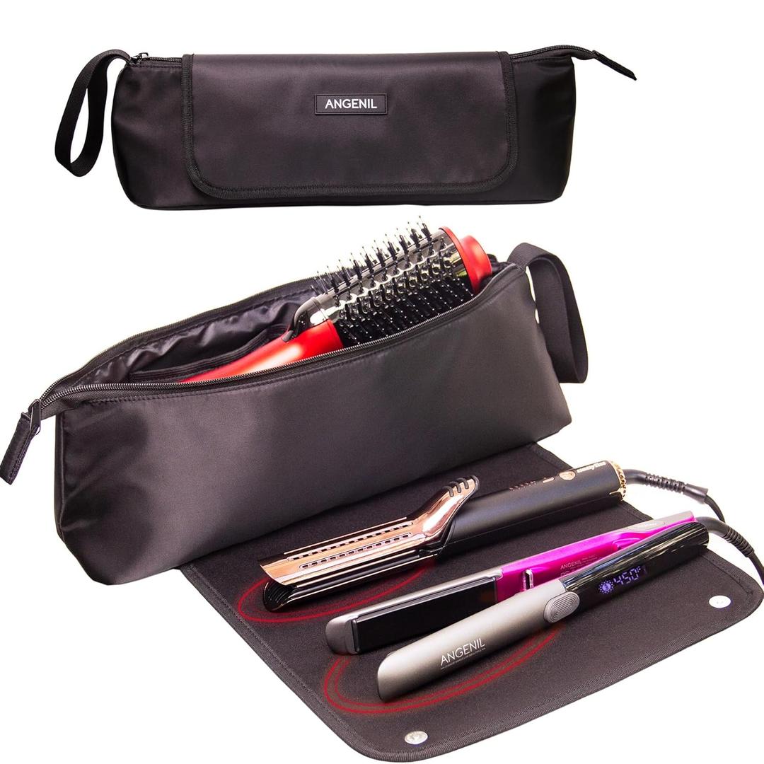 ANGENIL Hair Iron Tools Travel Bag with Heat Resistant Mat, for Curling Iron Wand, Flat Irons, Thermal Brush, Hair Dryer, 2 in 1 Portable Hot Tool Mat Hair Accessories Organizer for Women (Black)