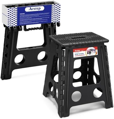 ACSTEP 16 Inch Folding Step Stool for Adults and Kids, Non-Slip Plastic Foldable Stepping Stool, Collapsible Folding Stool with Handle Holds Up to 400 Lbs for Kitchen, Dot Black (1 Pack)