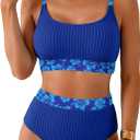 Herseas Women's Textured Bikini Sets Floral Print Trim Scoop Neck Swimsuits High Waisted Bathing Suits (Blue, XL)