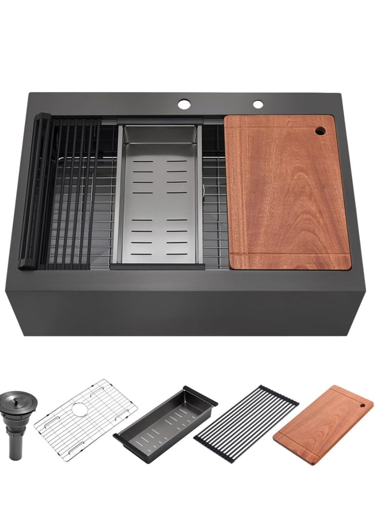 30 Black Drop In Kitchen Farmhouse Sink, Luckyhorse 16 Gauge Nano Black Stainless Steel 30x22x10 Inches Drop in Topmount Workstation Kitchen Farmhouse Sink With Apron Front LH009S