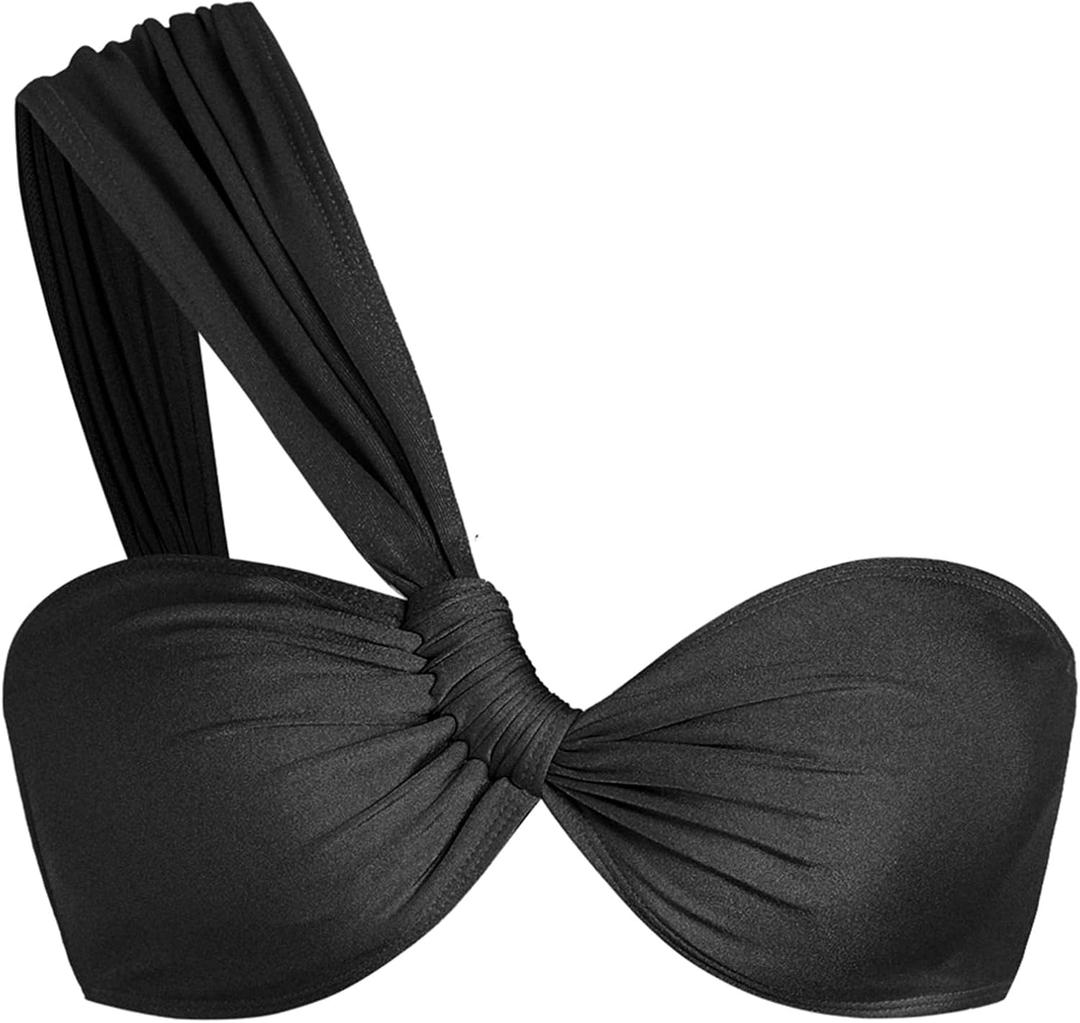 ZAFUL Women's One Shoulder Bikini Twisted Ruched High Cut Bandeau Bikini Set Two Piece Swimsuit (Medium, 1-black)