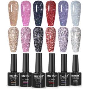 MIZHSE Reflective Glitter Gel Nail Polish, Holographic Glitter Gel Polish Set Sparkly Shiny Bling Nail Polish Soak Off UV/LED Nail Art Manicure Kit