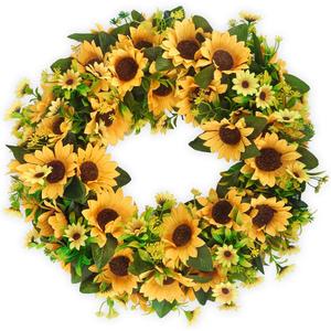 BOMAROLAN Artificial Sunflower Wreath 20 Inch Summer Fall Large Wreaths Springtime All Year Around Flower Green Leaves for Outdoor Front Door Indoor Wall Or Window Décor