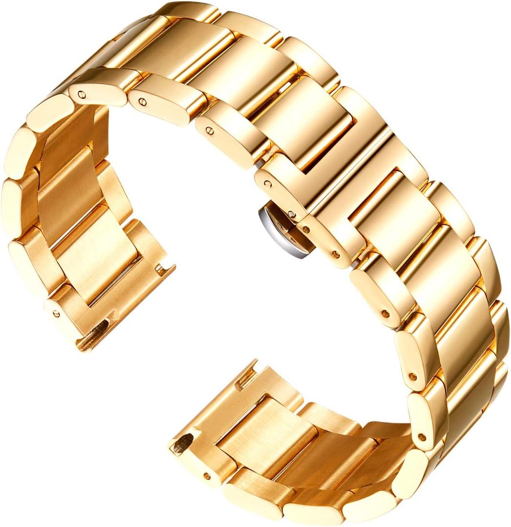 BINLUN Stainless Steel Watch Band, Heavy Duty Metal Replacement Strap with Polished & Matte Brushed Finish for Men and Women, 16mm-26mm(Polished Gold,18mm)