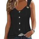 ETCYY Summer Tank Tops for Women 2025 Loose Fit Spring Outfits Lace Striped Tee Button Down Sleeveless T Shirts, LIU Black, Large
