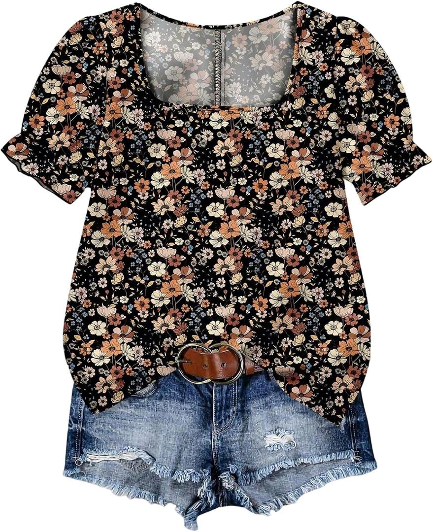 SOLY HUX Women's Plus Size Boho Tops Floral Print Square Neck Ruffle Short Sleeve Summer Tops (Black, L)