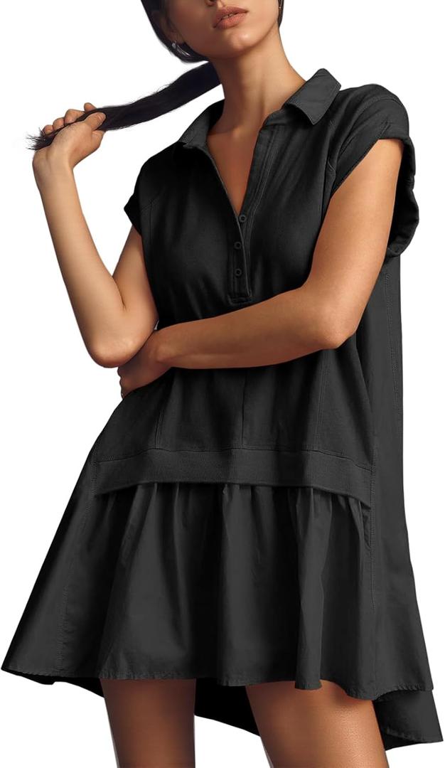 Fisoew Womens Summer Sweatshirt Dresses Short Sleeve V Neck Casual Oversized Patchwork Mini Dress (X-Large, Black)