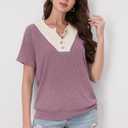 Womens Tops Summer Sweaters Short Sleeve Patchwork V Neck Henley Shirts 2026 Dressy Casual Business Tunic Blouses (Pink, XL)