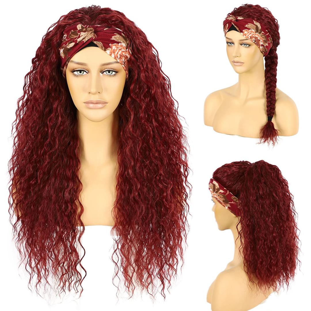 Red Headband Wig Loose Curly Headband Wigs for Black Women Glueless None Lace Front Wigs 130% Density 26 inches Synthetic Wigs