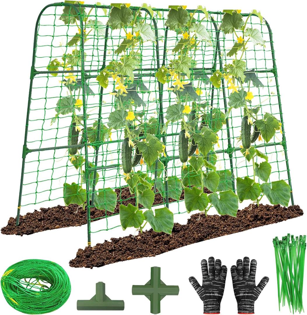 OTOSUNNY Garden Trellis for Climbing Plants Outdoor, Cucumber Trellis for Raised Bed Garden, Arch Trellis Support for Cucumbers Tomatoes Beans Peas, 50x48 inch, Metal Trellis with Netting, Green