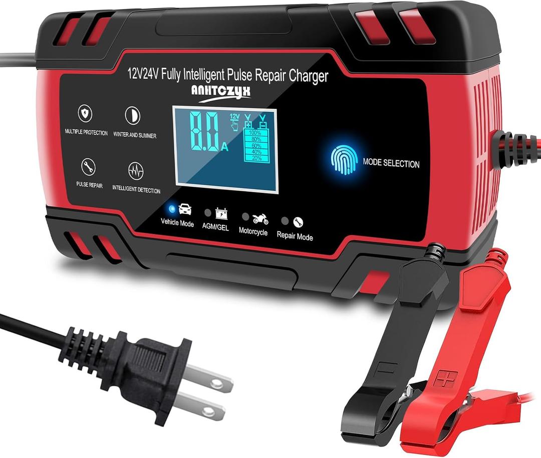 E-FAST Battery Charger 12V/8A 24V/4A Automatic Smart Car Battery Charger, Battery Maintainer Trickle Charger with Temperature Compensation for Truck Motorcycle AGM Lawn Mower Boat Marine Batteries