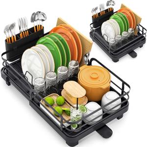TOOLF Expandable Dish Rack, Dish Drying Rack for Kitchen Counter, Foldable Dish Dryer Rack, Stainless Steel Dish Drainer Racks with Cutlery Holder, Collapsible Dish Drying Racks Standard Size,Black