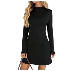 winkbay Women's Mock Neck Long Sleeve Dress Elegant A Line Mini Cocktail Party Dresses Business Casual Outfits Black Small (Black, S)