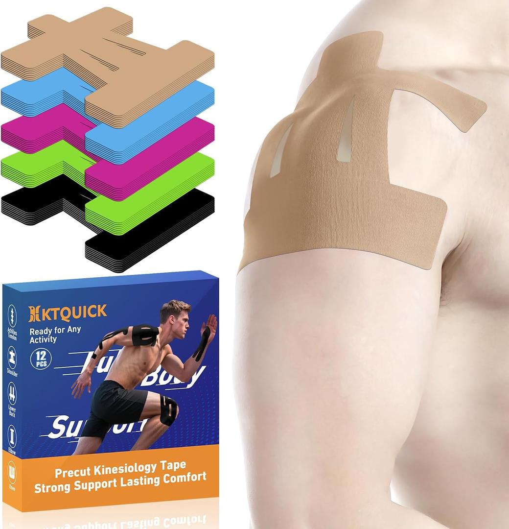 Kinesiology Tape for Shoulder Precut, 12 PCS Shoulder Tape for Pain Relief, KTQUICK Original Cotton Waterproof & Breathable, Enhance Elastic Sports Tape for Pain Support and Muscle Sports, Beige