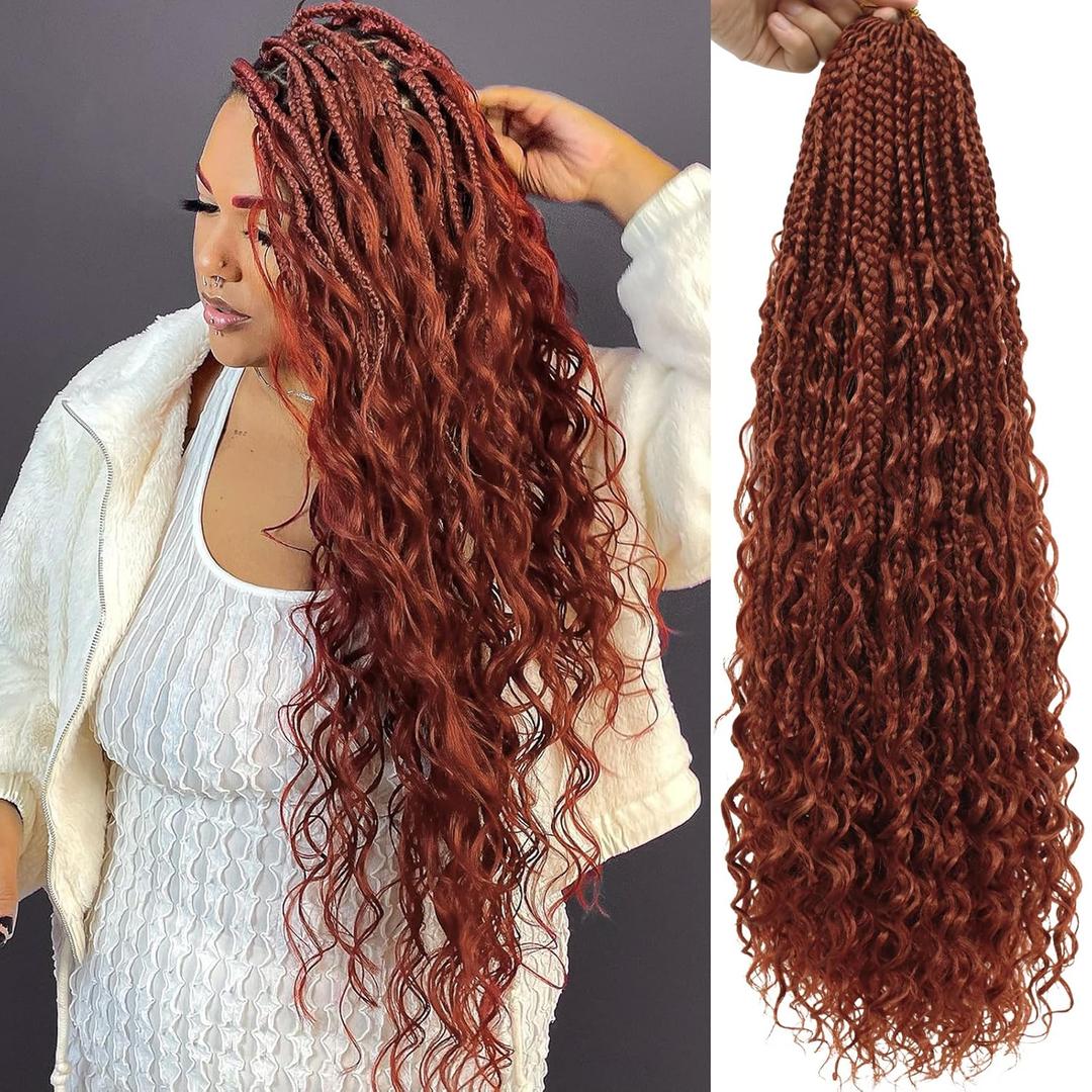 Eeanno Goddess Box Braids Crochet Hair Copper Red 24 Inch 7 Packs Reddish Brown Pre Looped Boho Crochet Braids with Curly Ends for Black Women